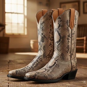 Può includere: Un paio di stivali da cowboy alti con un motivo a pelle di serpente nei toni del marrone, beige e nero. Gli stivali hanno la punta a punta, un tacco impilato e una linguetta in pelle sulla parte superiore. Gli stivali sono in pelle.