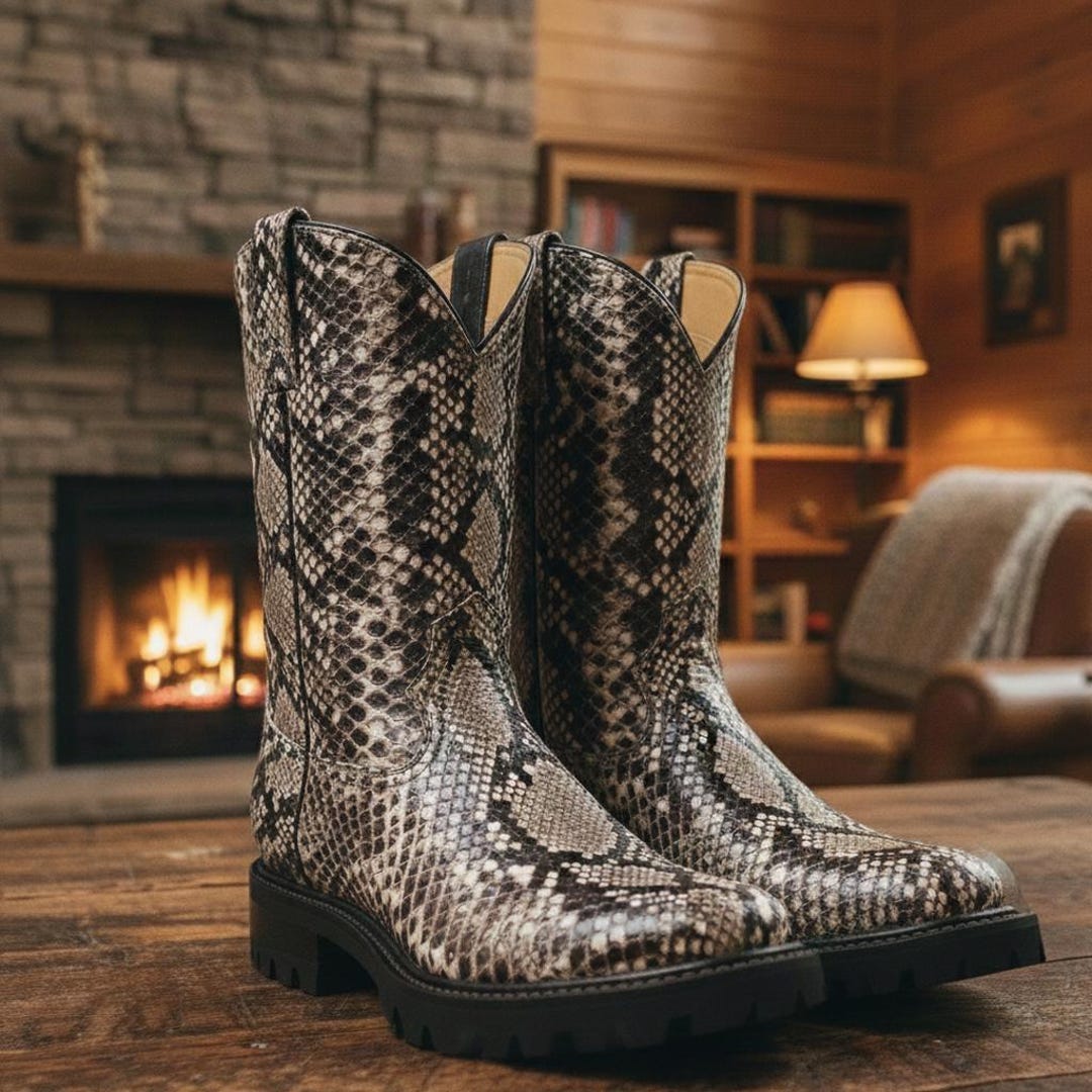 Python Leather Snakeskin Western Cowboy Boots/men's Footware - Etsy