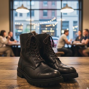 Könnte beinhalten: Ein Paar schwarze Lederstiefel mit Schnürdesign. Die Stiefel haben eine strukturierte Oberfläche und eine dicke Sohle. Die Stiefel werden auf einem Holztisch vor einem verschwommenen Restaurant-Hintergrund präsentiert.