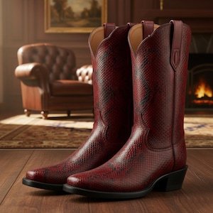 May include: A pair of tall, red cowboy boots with a snakeskin pattern. The boots have a pointed toe, a stacked heel, and a pull tab at the top. The boots are made of leather and are sitting on a wooden floor.