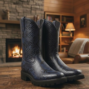 Puede incluir: Un par de botas de vaquero altas, de color azul oscuro, con un estampado de piel de serpiente. Las botas son de cuero y tienen la punta redonda y una suela negra gruesa. Se exhiben sobre una superficie de madera frente a una chimenea.