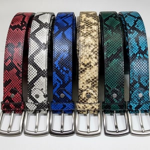 以下が含まれることがあります： さまざまな色のヘビ革模様の6つの革製ベルトのコレクション。 ベルトはシルバー色のバックルが付いており、並んで配置されています。 色には、赤、白、青、ベージュ、緑、ターコイズが含まれます。