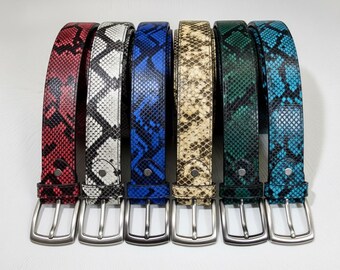 Pasek skórzany z wzorem wężowej skóry: unisexowy pasek do garnituru ze srebrną klamrą