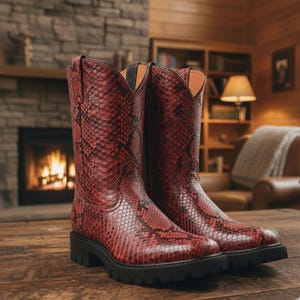 Puede incluir: Un par de botas de vaquero rojas y negras con estampado de piel de serpiente y suelas negras. Las botas están hechas de un material texturizado y se exhiben sobre una superficie de madera. Las botas tienen un diseño occidental clásico.