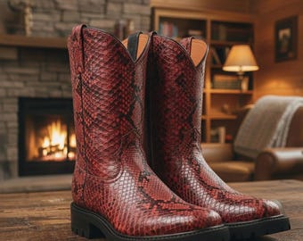 Handmade Python Cowboy Boots: Embossed Leather Unisex Shoes