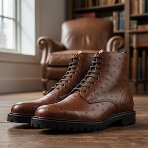 Puede incluir: Botas de cuero marrón con superficie texturizada y suelas negras. Las botas tienen un diseño con cordones. El fondo borroso muestra un sillón de cuero y una estantería.