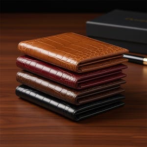 May include: A stack of four leather wallets in shades of brown, burgundy, and black. Each wallet has a textured, crocodile-like pattern. The wallets are neatly arranged on a wooden surface, showcasing their design and color variations.