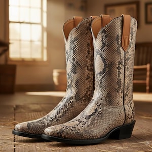 Puede incluir: Un par de botas de vaquero altas con un estampado de piel de serpiente en tonos marrón, beige y negro. Las botas tienen una puntera en punta, un tacón apilado y una lengüeta de cuero en la parte superior. Las botas son de cuero.