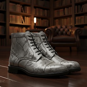 May include: A pair of grey and white snakeskin-patterned leather boots with black laces. The boots have a classic lace-up design and a low heel. The boots are displayed on a wooden surface, with a blurred background of a library.