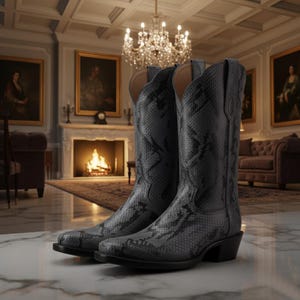 May include: A pair of black cowboy boots with a snakeskin pattern. The boots have a pointed toe and a stacked heel. The boots are made of leather and have a classic Western design.