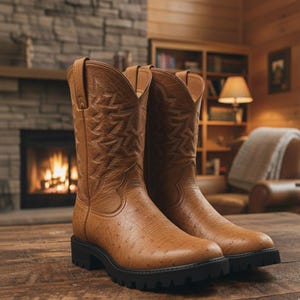 Op de afbeelding: Een paar bruinleren cowboylaarzen met ingewikkelde stiksels en een getextureerde afwerking. De laarzen hebben een ronde neus en een dikke zwarte zool. De laarzen worden op een houten oppervlak weergegeven.