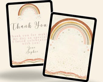 May include: Two digital tablets displaying a rainbow design with the text "Thank You". The text reads "Thank you for making my day so special, I loved celebrating with you! Love Sophie." The phrase "Matching Set Available" is at the top.