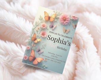 May include: A pastel-colored invitation with butterflies and flowers. The invitation reads "Join us to celebrate Sophia's 3rd Birthday" with event details. The design features orange, pink, and purple butterflies and flowers.