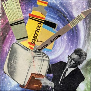 以下が含まれることがあります： スーツ、メガネ、ネクタイ姿の男性がトースターと対話するミクストメディアコラージュ。コラージュには、筆、"COLORS"のチューブ、"sharp knife"が宇宙の背景に配置されています。