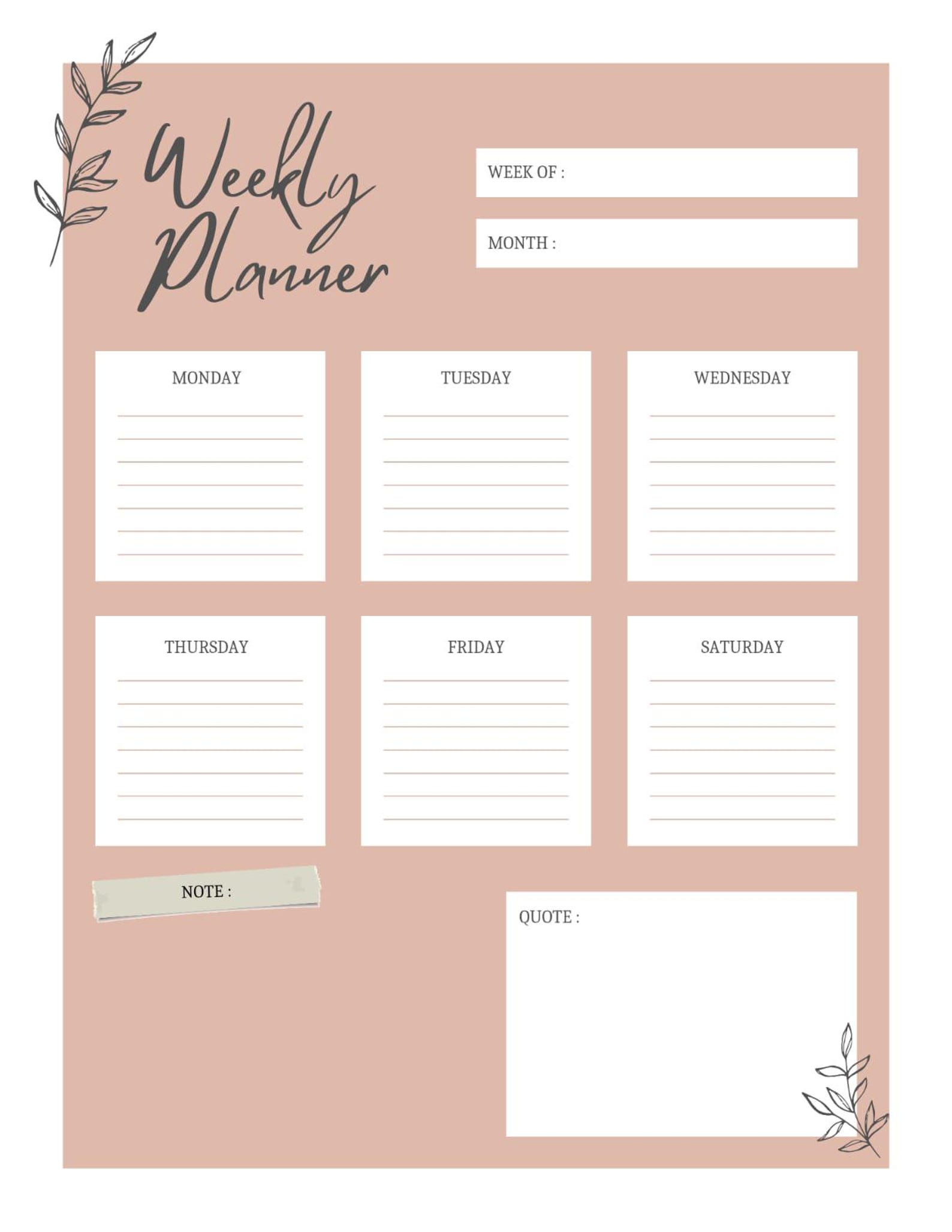 Weekly Planner Printable | Minimalist Blush Pink Schedule | Digital ...