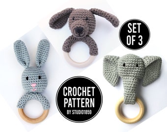 Set of 3 Crochet PATTERNS ONLY PDF Download - Crochet Bunny - Crochet Elephant - Crochet Puppy Teething Ring / Wood Teether Toy