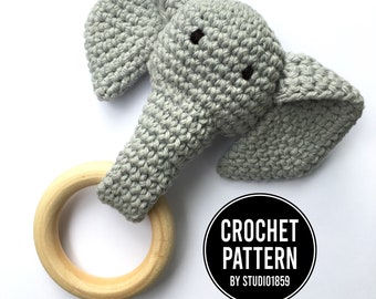 Crochet PATTERN ONLY PDF Download - Grey Crochet Elephant Teething Ring / Wood Teether Toy