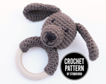 Crochet PATTERN ONLY PDF Download- Brown Crochet Puppy Teething Ring / Wood Teether Toy