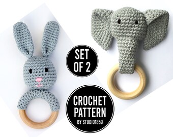 Set of 2 Crochet PATTERNS ONLY PDF Download- Crochet Bunny & Crochet Elephant Teething Ring / Wood Teether Toy