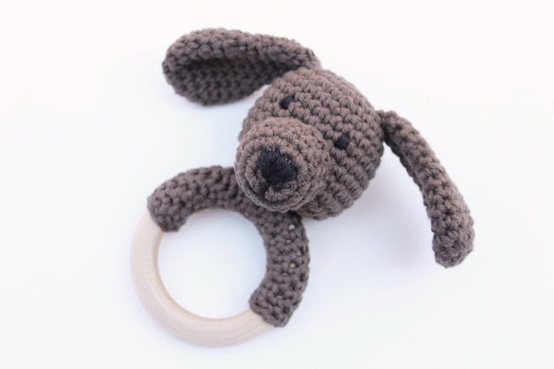 Brown Crochet Puppy Teething Ring / Wood Teether Toy image 1