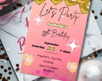 Rose Gold Birthday Party Invitation Template: Let's Party Invite (Canva Editable PDF)