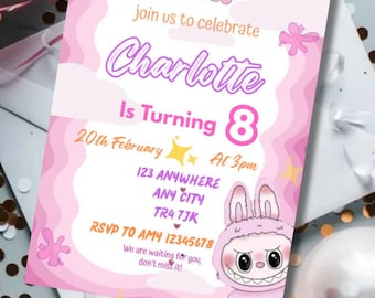 Labubu Birthday Party Invitation Template: Digital Download, Canva Editable