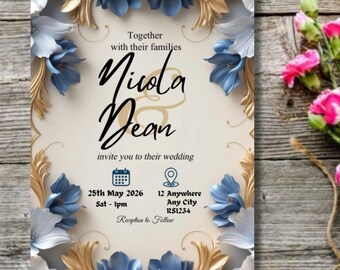 Wedding Invitation Template: Blue Floral Gold and Cream Design Invite, Digital Download, Canva Editable