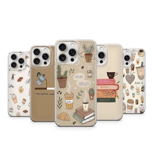 May include: Five phone cases with coffee and book-themed designs. One case has a coffee maker graphic and the words "Motivation Load". Another has the words "Croissants, Fairy Lights". The cases feature coffee cups, plants, books, and other related illustrations.