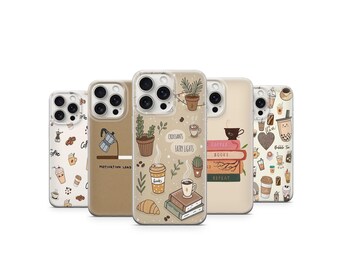 Cozy Coffee Aesthetic Phone Case Cute Book Lover iPhone Case Café Vibes Design Warm Neutral Fairy Lights Phone Cover