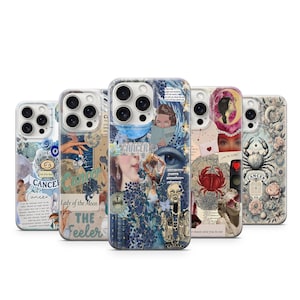 May include: A selection of phone cases with collage designs. The cases feature images of eyes, faces, and text, with a colour palette of blues, creams, and reds. The word "Cancer" is visible on some cases.