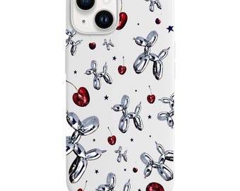 Chrome Balloon Dog & Cherry Pattern Phone Case Modern Art Launch Cover Luxury iPhone Case Minimal Designer Style
