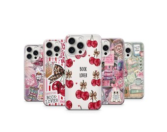 Cherry Book Lover Phone Case Coquette Reader Gift Leopard Bow Design