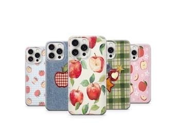 Gingham Apple Phone Case Denim Blue Background  Cottagecore Fruit Design