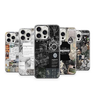 May include: A selection of phone cases with engineer-themed designs. The cases display black and white graphics, including blueprints, cogs, and the word "engineer." Some cases have additional text and images.
