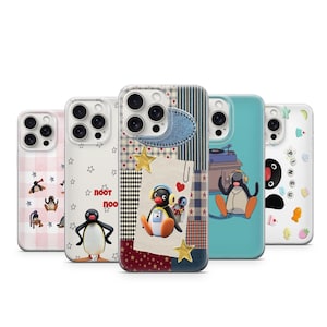Op de afbeelding: Een verzameling van vijf telefoonhoesjes met cartoon pinguïn ontwerpen. De hoesjes tonen verschillende patronen, waaronder sterren, patchwork en een turquoise achtergrond. Elke hoes toont een andere pinguïn illustratie, met tekst "Poot Poot" en "Pingu".
