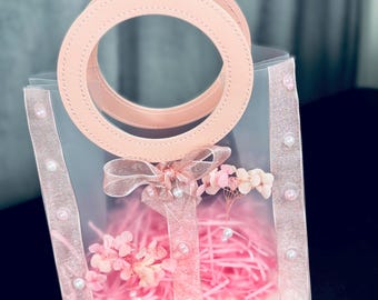 Elegant Pink Floral Gift Bag with Sheer Bow & Pearls. Reusable Luxury Gift Packaging