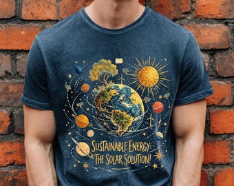 Camiseta retro con solución solar para el Día de la Tierra, camiseta de energía sostenible, camiseta de energía renovable y planeta cósmico, camiseta ecológica para salvar el planeta y el espacio.