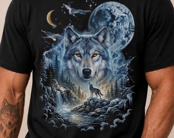 Camiseta con estampado de lobo, luna y cielo nocturno, camiseta con diseño místico de lobo aullando y arte de la vida silvestre, camiseta con estampado de montaña, bosque y naturaleza salvaje, camiseta con colores cómodos para amantes de la naturaleza.