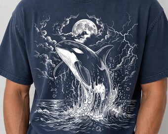Camiseta vintage de orca, camiseta de ballena y luna del océano, camiseta de vida marina, luna y delfín del océano