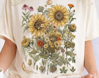 Camiseta botánica de girasoles, camiseta con estampado floral prensado, camiseta de jardín de flores silvestres, camiseta floral de estilo cottagecore, regalo para amantes de las plantas