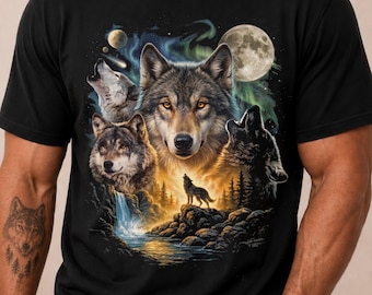 Camiseta vintage con estampado de lobo aullando a la luna, camiseta para viajes de acampada en la naturaleza, camiseta cómoda con colores para amantes de la naturaleza y los animales.