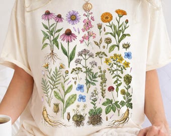 Camiseta con estampado de flores prensadas, camiseta botánica de flores silvestres, camiseta floral estilo cottagecore con motivos naturales, camiseta con estampado de flores de caléndula.