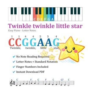 May include: A white sheet with a piano keyboard graphic and the text "Twinkle twinkle little star." The sheet music includes letter notes, finger numbers, and standard notation for easy piano learning. A smiling yellow star is also featured.