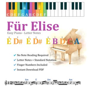 Für Elise Easy Piano Notes Music by Beethoven, Für Elise Piano Notes PDF, Beginner Letter Notes, Color Coded Begginer Piano Songs Digital