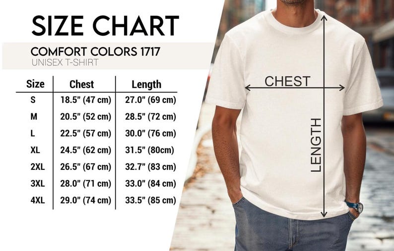 Puede incluir: Una camiseta unisex blanca con una tabla de tallas. La tabla muestra las medidas de pecho y largo en cent&iacute;metros para las tallas S a 4XL. El texto "SIZE CHART" y "COMFORT COLORS 1717" est&aacute;n en la parte superior.