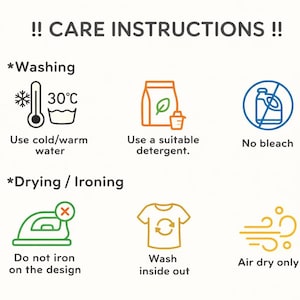 Puede incluir: Gr&aacute;fico con instrucciones de cuidado de la ropa. Aconseja lavar con agua fr&iacute;a o tibia a 30&deg;C, usar un detergente adecuado y evitar la lej&iacute;a. Las instrucciones de secado recomiendan no planchar el dise&ntilde;o, lavar del rev&eacute;s y secar al aire.