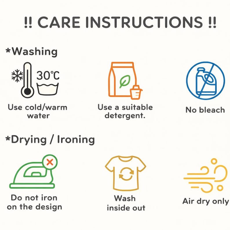 Puede incluir: Gr&aacute;fico con instrucciones de cuidado de la ropa. Aconseja lavar con agua fr&iacute;a o tibia a 30&deg;C, usar un detergente adecuado y evitar la lej&iacute;a. Las instrucciones de secado recomiendan no planchar el dise&ntilde;o, lavar del rev&eacute;s y secar al aire.