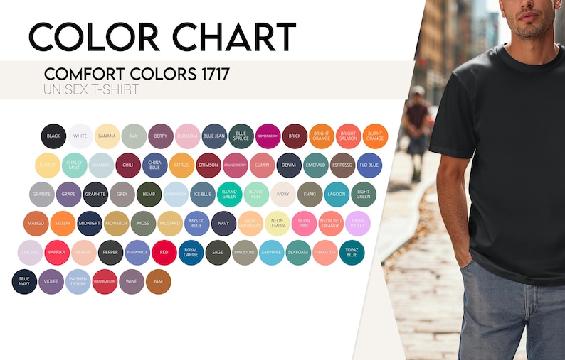 Puede incluir: Carta de colores para camisetas unisex Comfort Colors 1717. La carta muestra una amplia gama de colores, incluyendo negro, blanco y varias tonalidades de azul, verde, naranja y rosa. Una persona con una camiseta negra est&aacute; a la derecha.