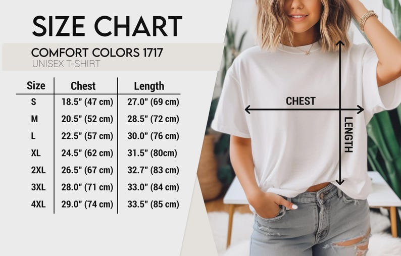 Puede incluir: Camiseta unisex blanca con una tabla de tallas. La tabla muestra las medidas de pecho y largo en cm para las tallas S a 4XL. La camiseta es Comfort Colors 1717.