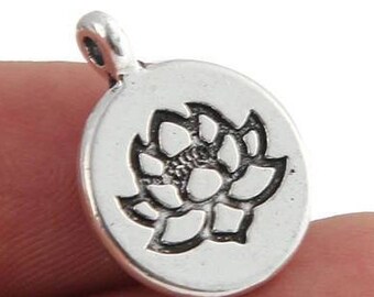 10pcs-brass tone lotus flower round tag charm,silver tone available